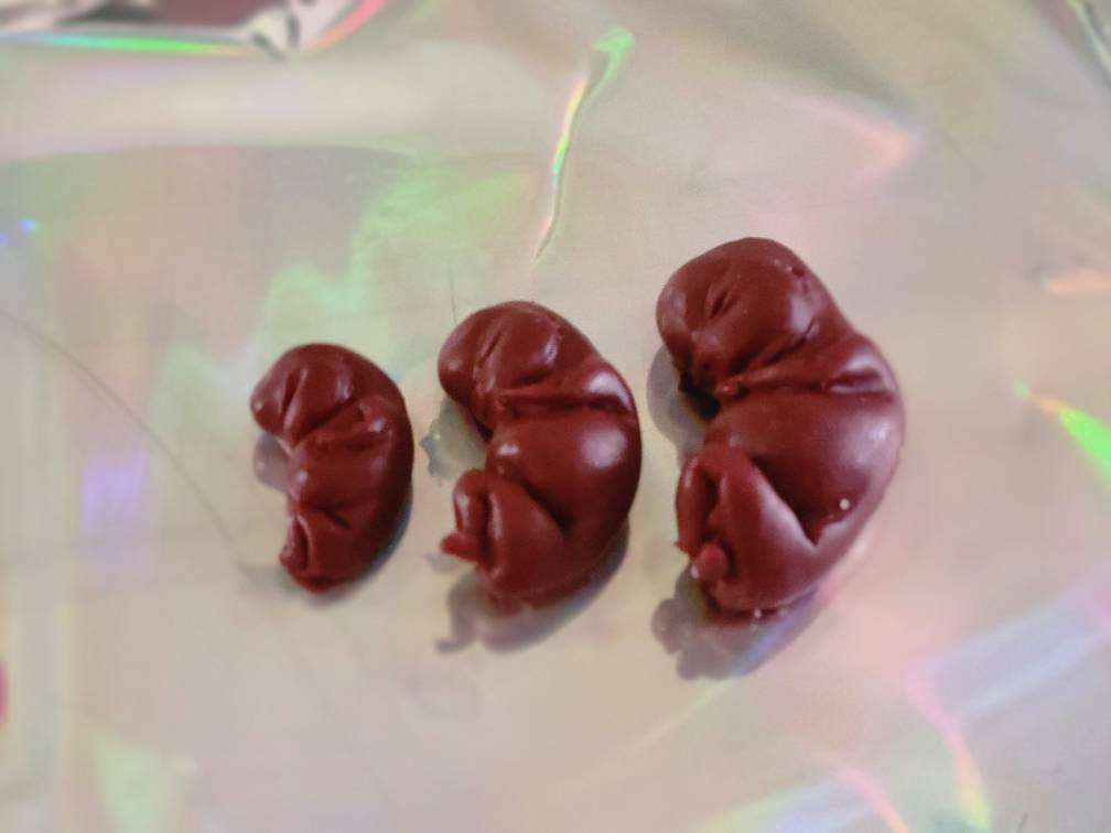 Dark red silicone fetus. You choose gestational sizing