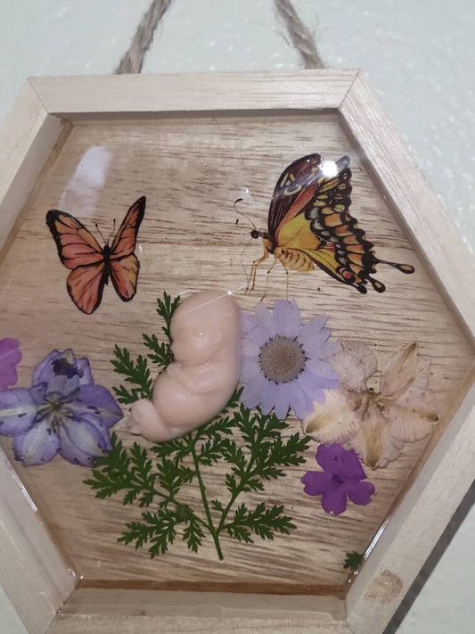 Ready to ship silicone memorial fetus in Beautiful wood frame with resin back drop 11 week