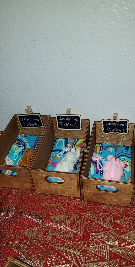 Miniature baby doll reborn silicone crib set with teddy, bottle, rattle, blanket pad, welcome baby sign for doll house