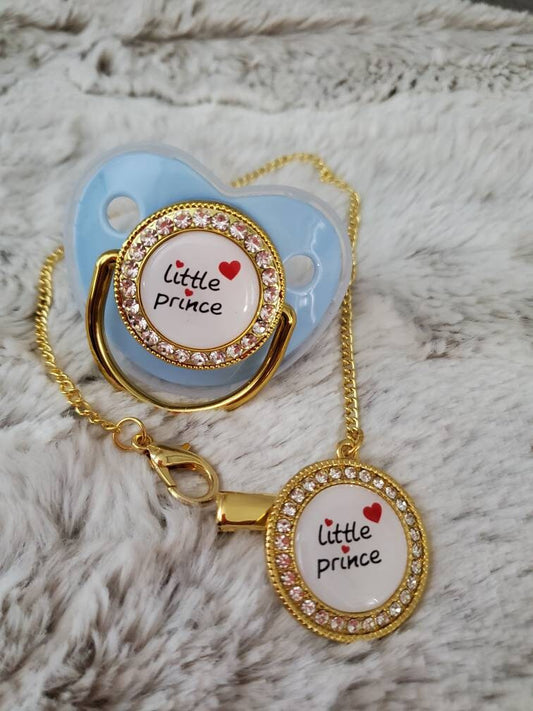Reborn baby blue gold little prince binki pacifier with clip. Magnet, modified or full