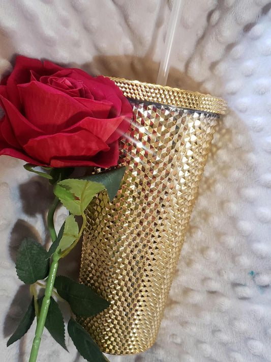 gold tumbler GIFT birthday mothers day with fake beautiful rose