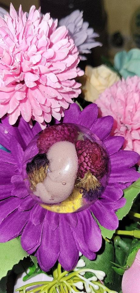 Silicone baby inside resin womb memorial fetus baby glitter or flowers