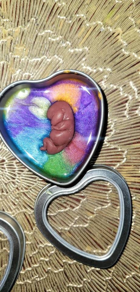 Silicone memorial fetus In tin heart resin rainbow