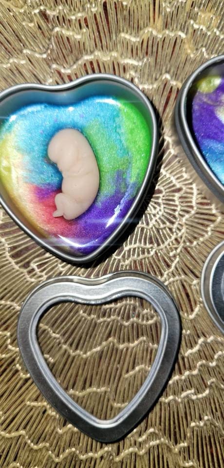 Silicone memorial fetus In tin heart resin rainbow