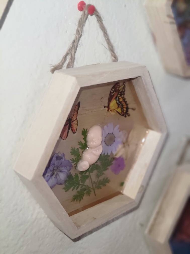 Ready to ship silicone memorial fetus in Beautiful wood frame with resin back drop 11 week
