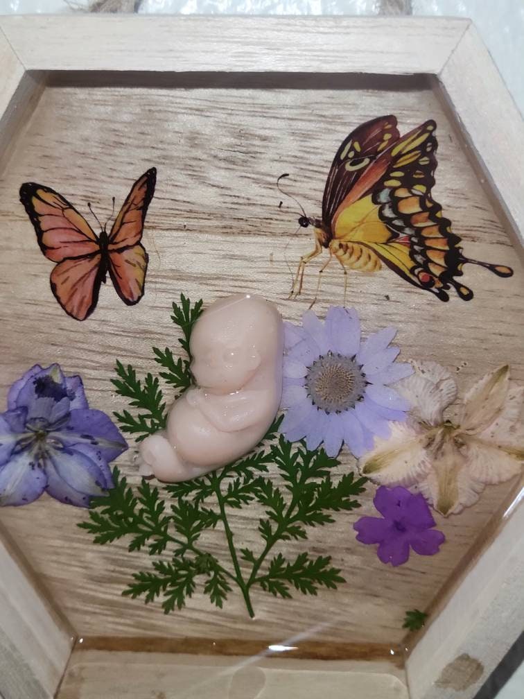 Ready to ship silicone memorial fetus in Beautiful wood frame with resin back drop 11 week