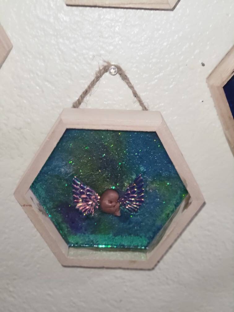 Ready to ship 9 week silicone fetus in frame with angel wings
