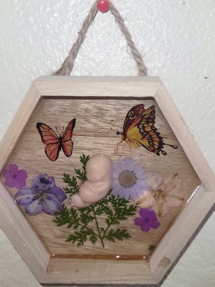 Ready to ship silicone memorial fetus in Beautiful wood frame with resin back drop 11 week