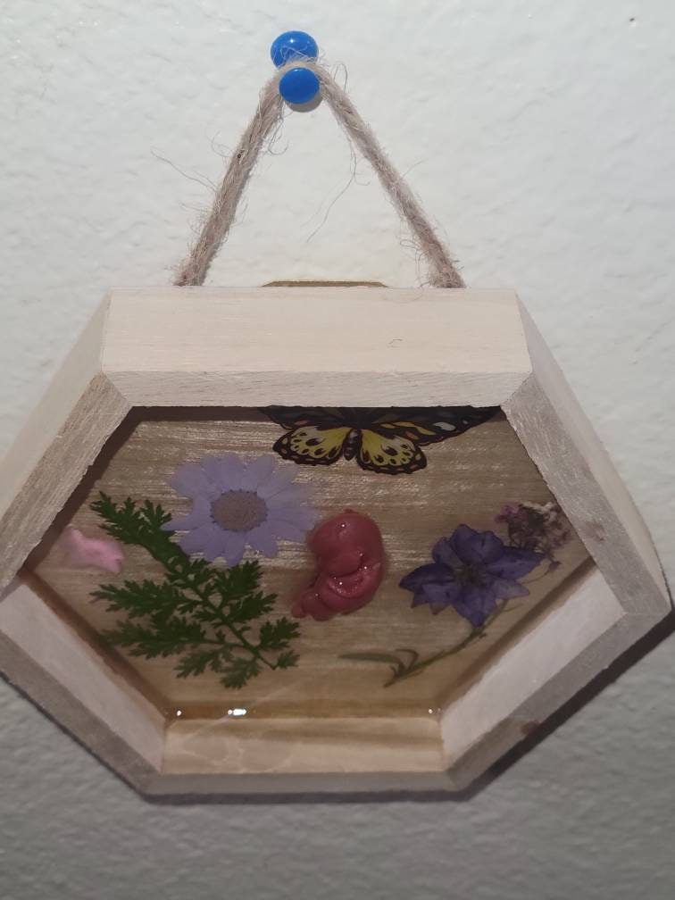 Ready to ship 10 week old silicone fetus in Beautiful wood frame with resin background