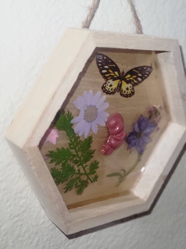 Ready to ship 10 week old silicone fetus in Beautiful wood frame with resin background
