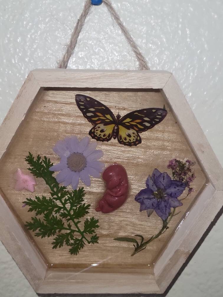 Ready to ship 10 week old silicone fetus in Beautiful wood frame with resin background