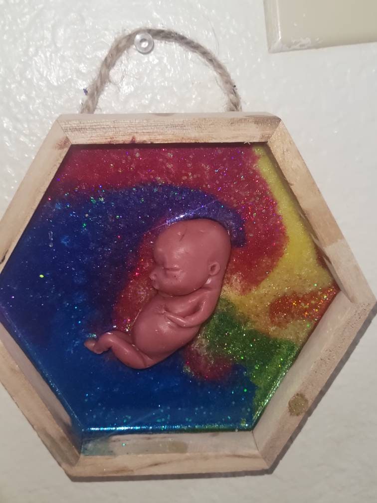 Ready to ship 13 week gestational silicone fetus in Beautiful wood frame with resin RAINBOW background