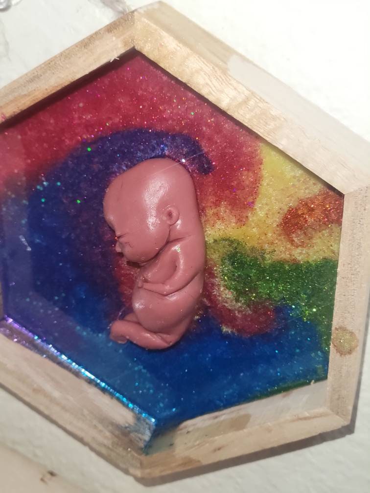 Ready to ship 13 week gestational silicone fetus in Beautiful wood frame with resin RAINBOW background