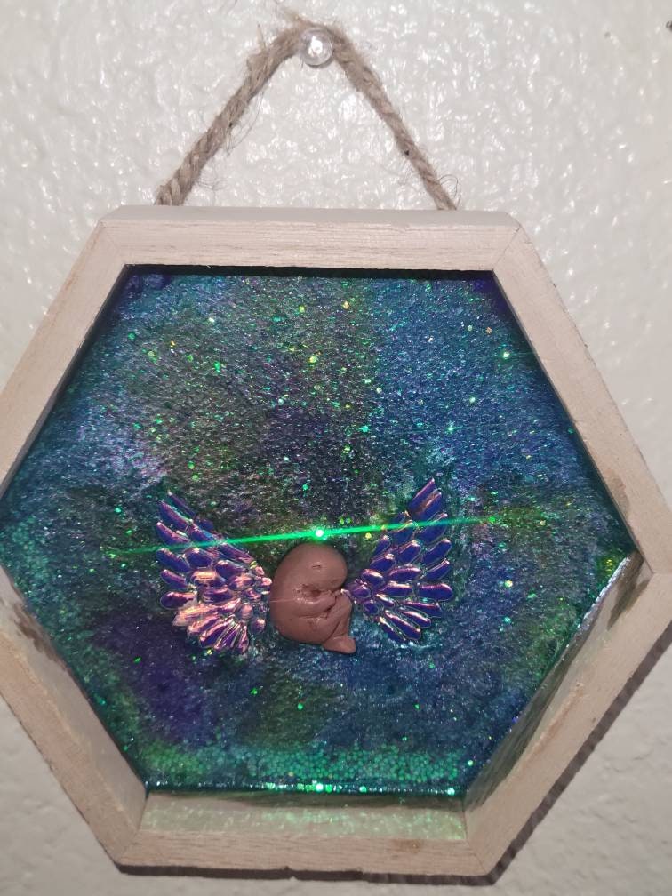 Ready to ship 9 week silicone fetus in frame with angel wings