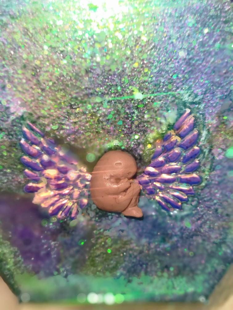 Ready to ship 9 week silicone fetus in frame with angel wings