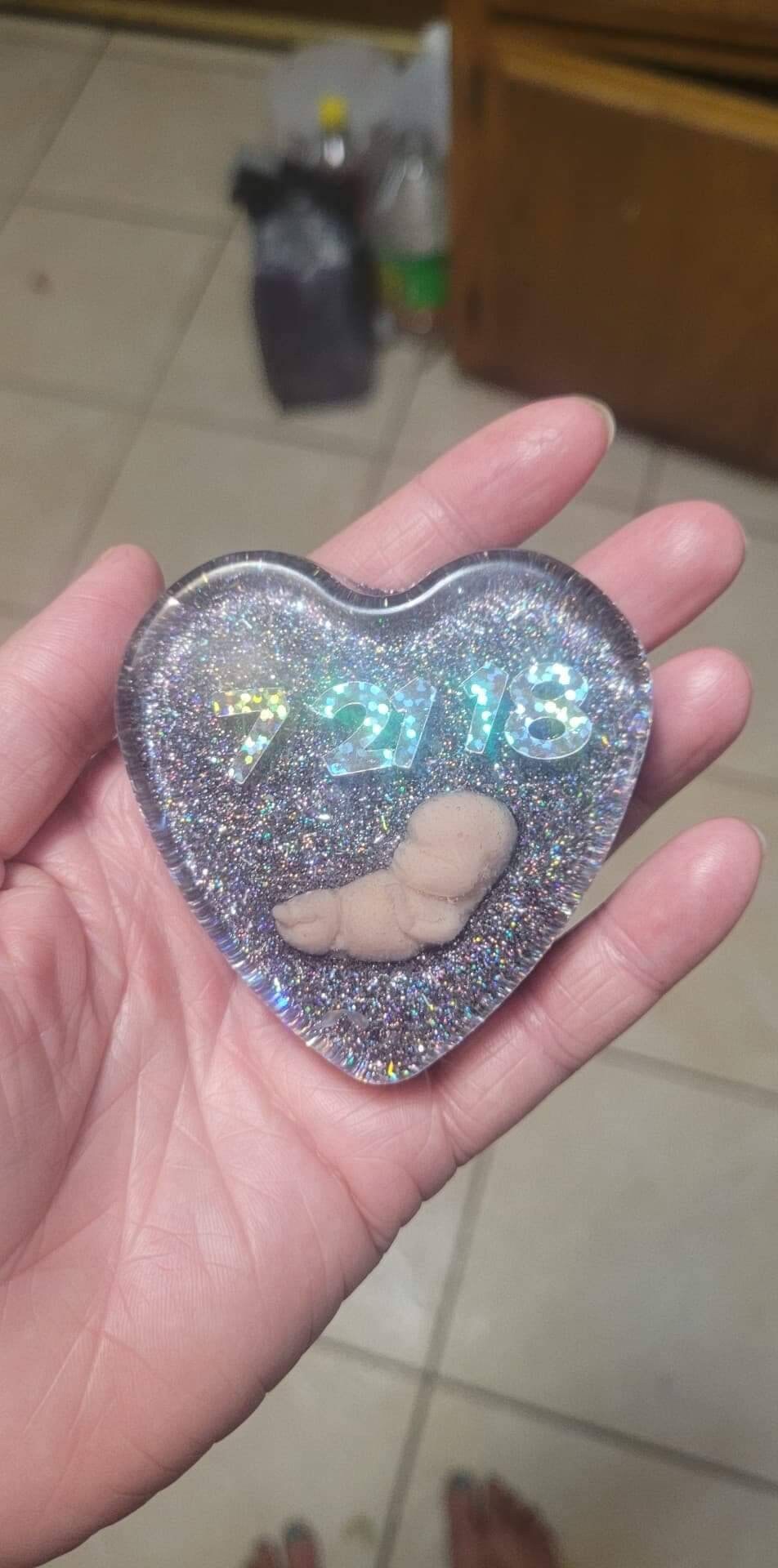 Resin heart with memorial fetus baby inside with name or date