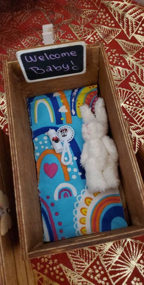 Miniature baby doll reborn silicone crib set with teddy, bottle, rattle, blanket pad, welcome baby sign for doll house