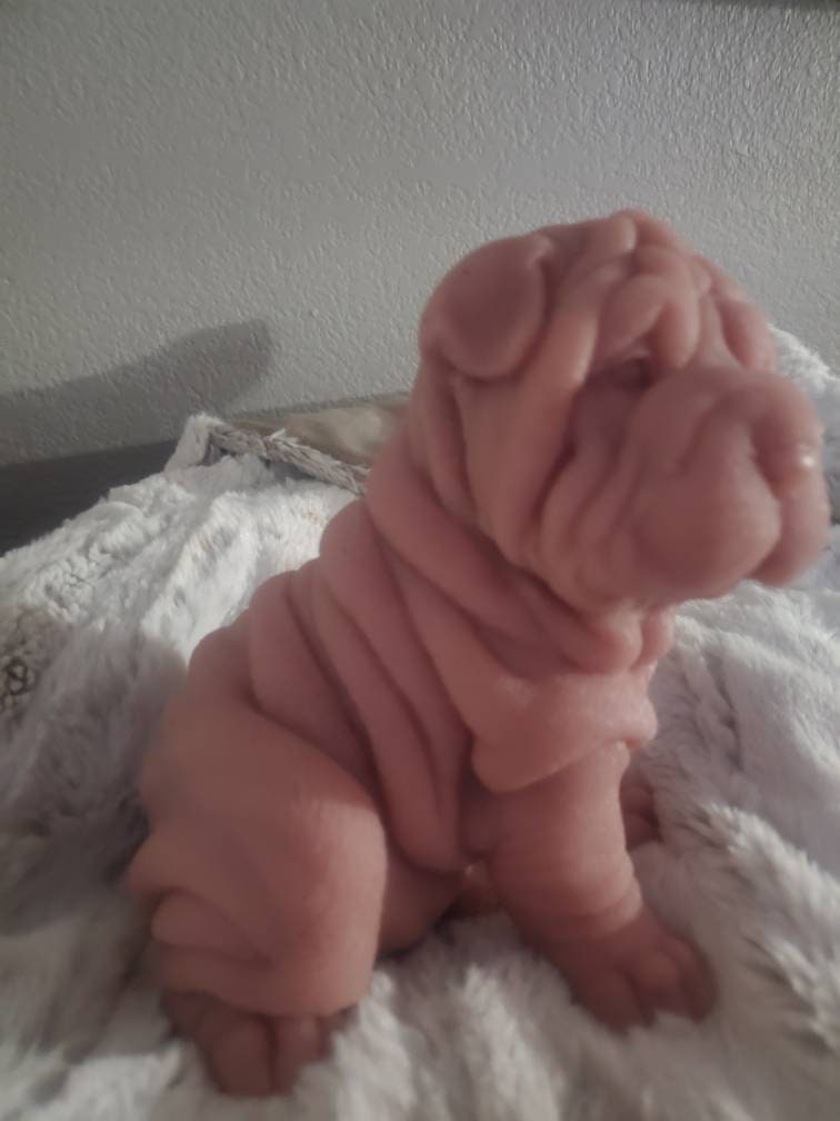Silicone puppy dog shar pei 9" large size sitting open eye