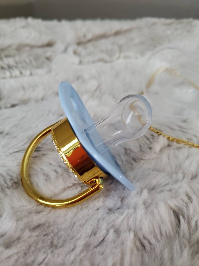Reborn baby blue gold little prince binki pacifier with clip. Magnet, modified or full