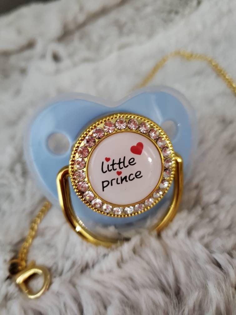 Reborn baby blue gold little prince binki pacifier with clip. Magnet, modified or full