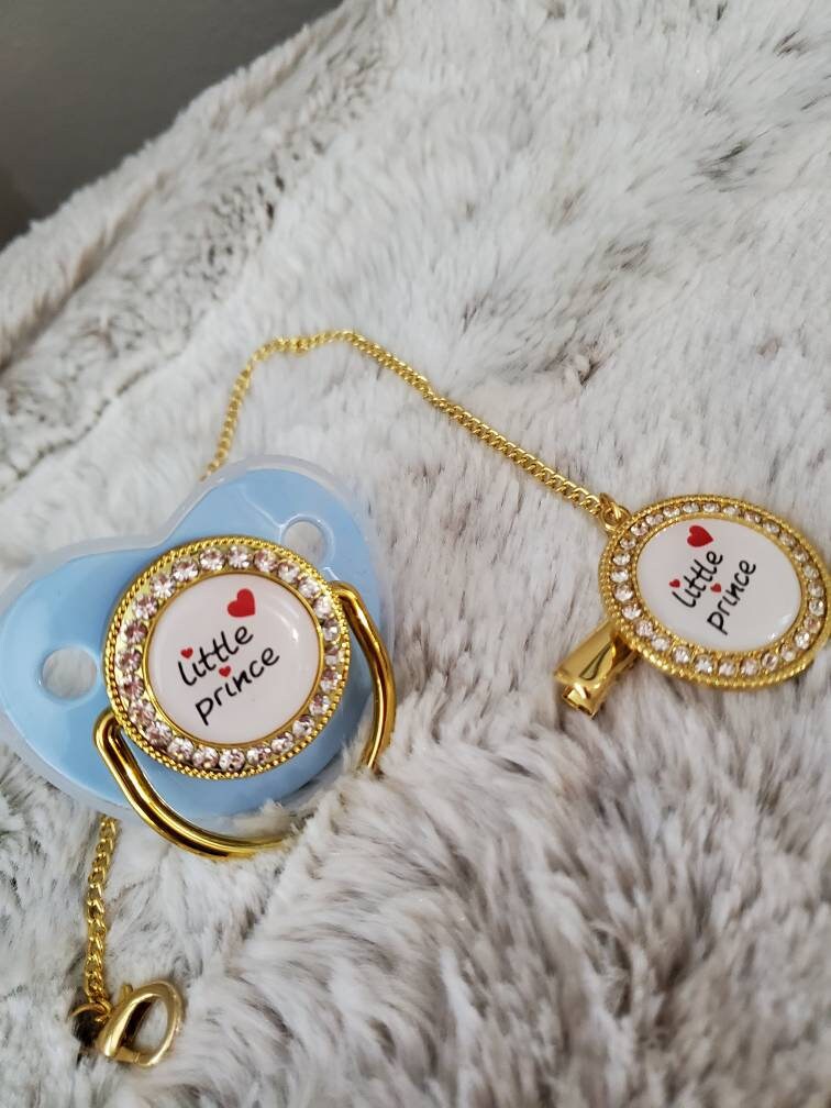 Reborn baby blue gold little prince binki pacifier with clip. Magnet, modified or full