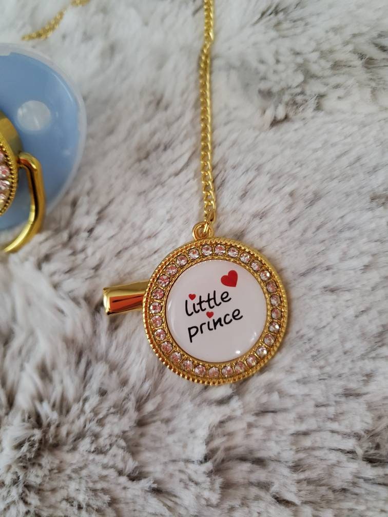 Reborn baby blue gold little prince binki pacifier with clip. Magnet, modified or full
