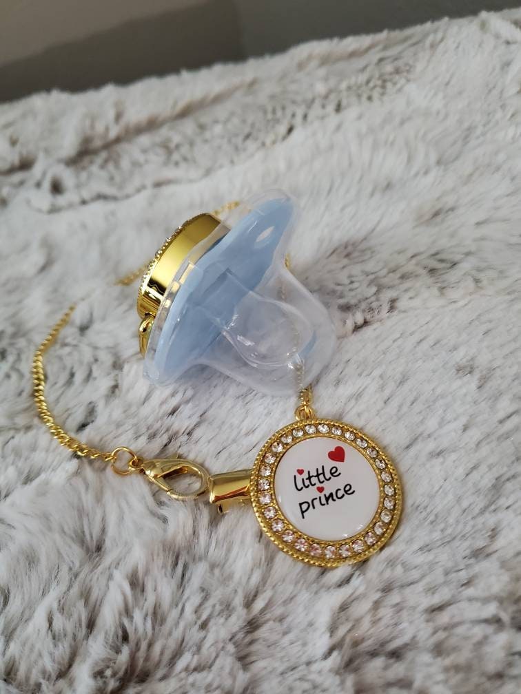 Reborn baby blue gold little prince binki pacifier with clip. Magnet, modified or full